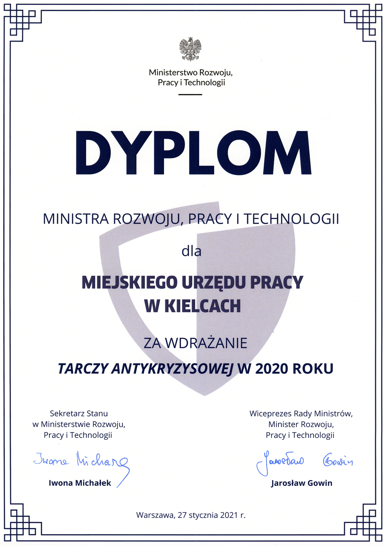 Dyplom Ministra Rozwoju Pracy i Technologii